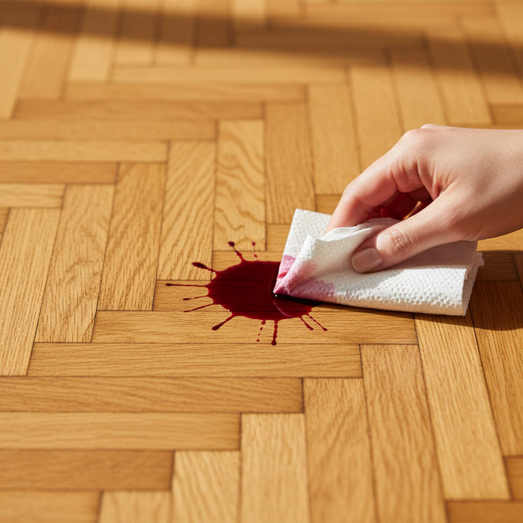 A close-up, high-angle professional photo illustrating a pristine, warm-toned parquet floor with a small, recently spilled red wine stain. The focus should be on the contrast between the elegant wood and the vivid red spill. A hand is gently blotting the spill with a white, absorbent cloth or paper towel, demonstrating quick and careful action. The background is slightly blurred, emphasizing the immediate attention to the stain and the intricate texture of the wood grain. The scene conveys a sense of urgency and effective, gentle cleaning.