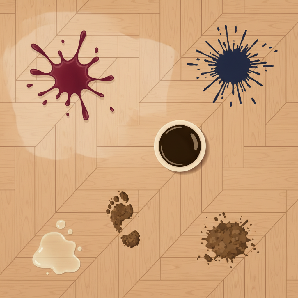 An infographic style illustration depicting a clean, polished section of parquet flooring. Scattered across different areas of the floor are distinct, small visual representations of various common stains: a vibrant red wine splash, a dark coffee ring, a subtle oily grease mark, a small muddy footprint, and a dark blue ink blot. Each stain is clearly differentiable from the others, showcasing the diversity of challenges without being overwhelming. The overall composition is clean and organized, suitable for visually categorizing different types of floor stains.