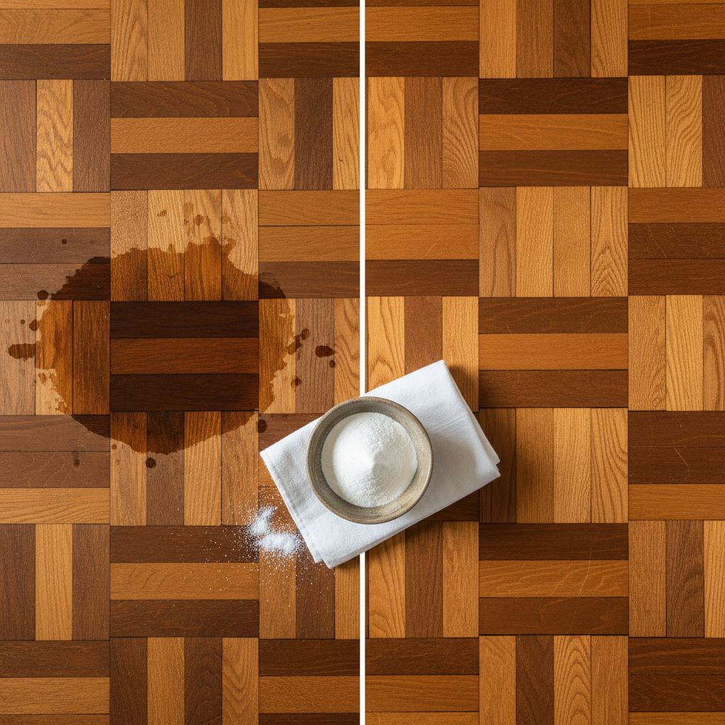 A visually appealing split-scene image showcasing the contrast of a stained parquet floor and its clean counterpart. On the left, a section of elegant, warm-toned parquet flooring displays a prominent, dark liquid stain or a visible water ring. On the right, the same section of parquet is pristine and shining, completely free of the stain. In the center, a small bowl containing white baking soda powder with a gentle cloth nearby bridges the two scenes, symbolizing the solution. High-quality professional photo with realistic textures and warm, inviting lighting.