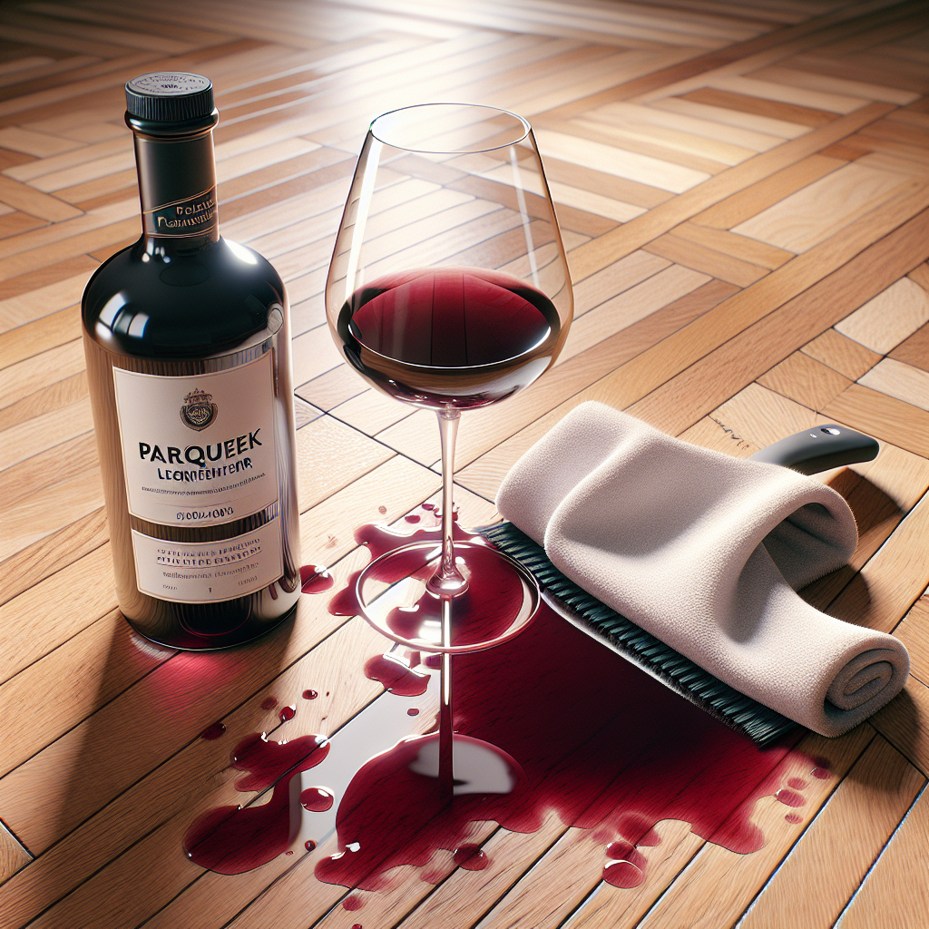 A luxurious, warm-toned oak parquet floor with a noticeable fresh red wine spill. Next to the spill, an elegant bottle of 'Parquet Fleckenentferner' (Parquet Stain Remover) and a clean, soft microfiber cloth are neatly placed. Realistic photo, natural soft lighting, detailed wood grain, focus on problem and solution.