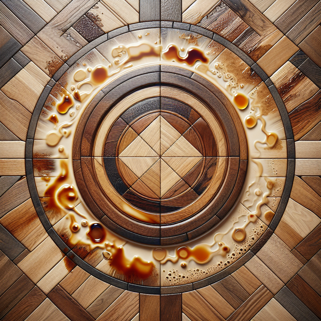 Close-up, top-down view of a pristine, beautifully restored parquet floor. Several common household stains (like coffee drops and grease spots) are depicted in the process of visibly vanishing or being seamlessly erased, leaving behind perfectly clean and gleaming wood. High resolution, realistic, emphasizing the flawless wood texture after stain removal.