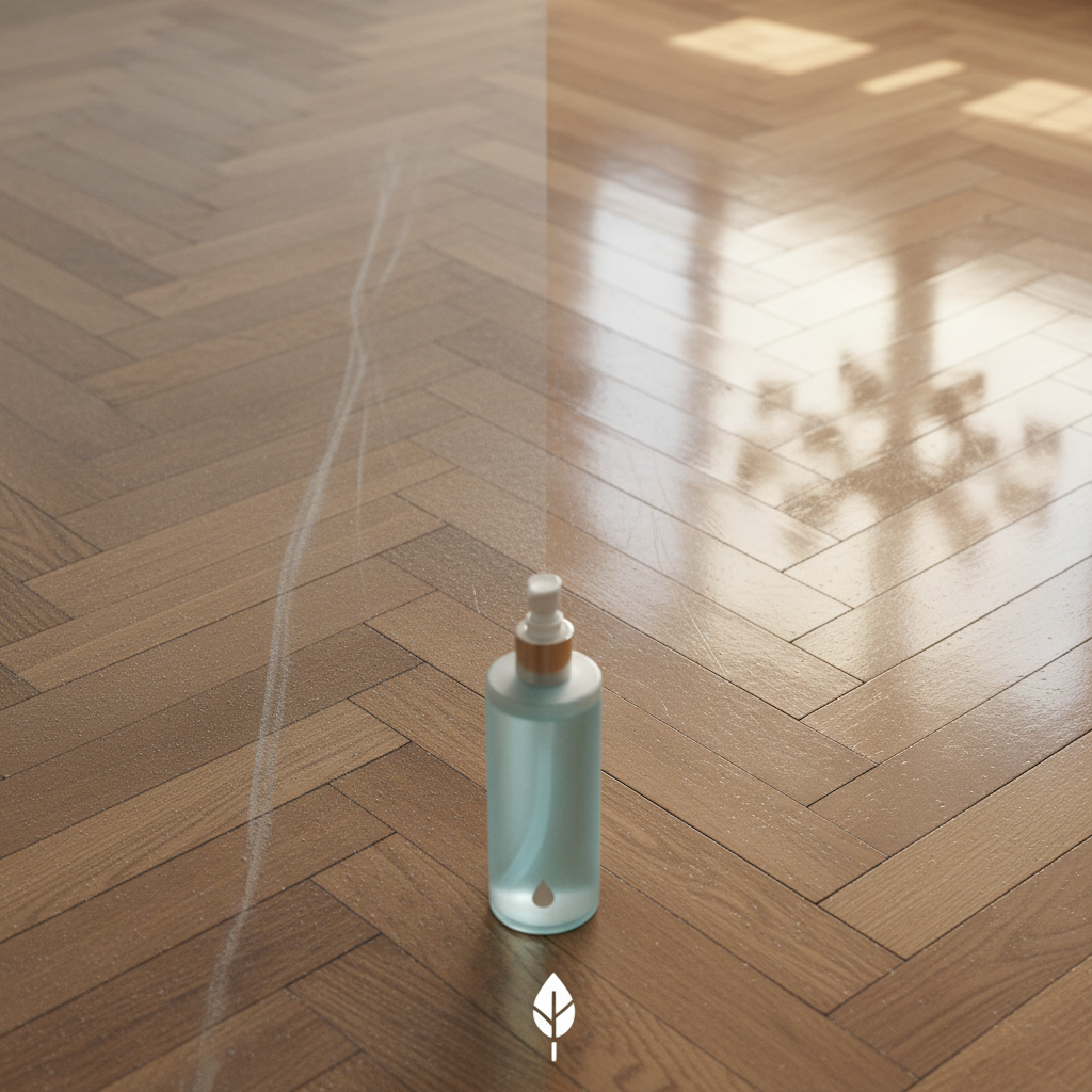 A professional photo capturing a parquet floor with a clear visual distinction. One half of the floor appears dull, slightly dusty, and perhaps has a subtle, easily discernible scuff mark. The other half is impeccably clean, polished to a high shine, and beautifully reflects ambient light. In the foreground, a sleek, modern bottle of 'Parkett Reinigungsmittel' stands prominently, suggesting its role in the transformation. The overall mood is bright, fresh, and emphasizes cleanliness and elegance.