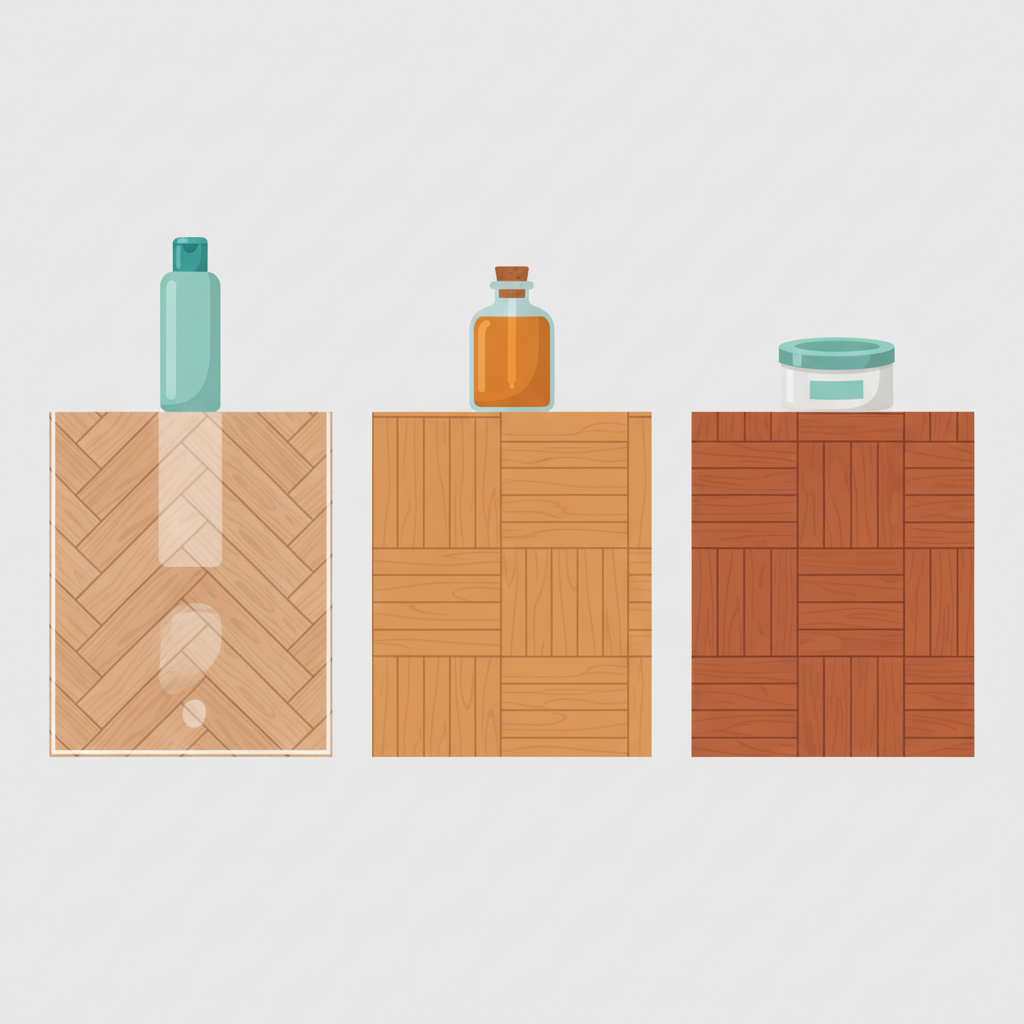 A detailed flat illustration depicting three distinct sections of parquet flooring, each representing a different surface treatment: sealed (lacquered), oiled, and waxed. Above each section, a small, elegantly designed bottle or container, symbolic of a specialized cleaning agent, is positioned. The illustration should highlight the protective layer of each floor type and subtly imply the correct cleaning agent for it, without any actual liquid. The color palette is clean and modern, focusing on natural wood tones and complementary blues/greens for the products, emphasizing care and specificity.