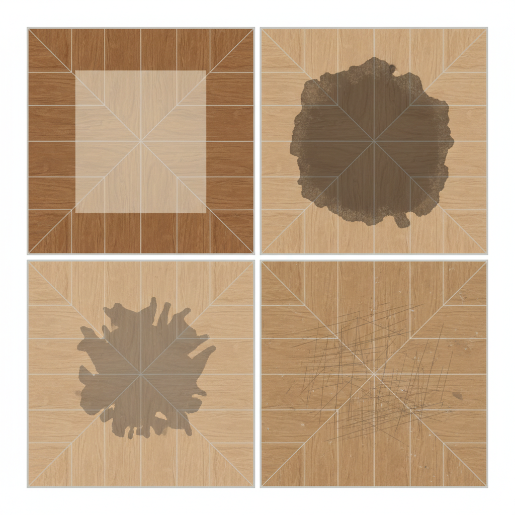 A top-down, slightly stylized illustration of a section of parquet flooring, creatively divided into quadrants. Each quadrant visually represents a different cause of discoloration: one shows a lighter rectangular patch where sun-fading has occurred, another features a dark, prominent circular water stain. A third displays a dull, grayish chemical burn mark, and the fourth exhibits subtle scratches and scuffs indicating general wear and tear. The wood grain should be visible, emphasizing the different types of damage. Infographic style with a clean, modern aesthetic.