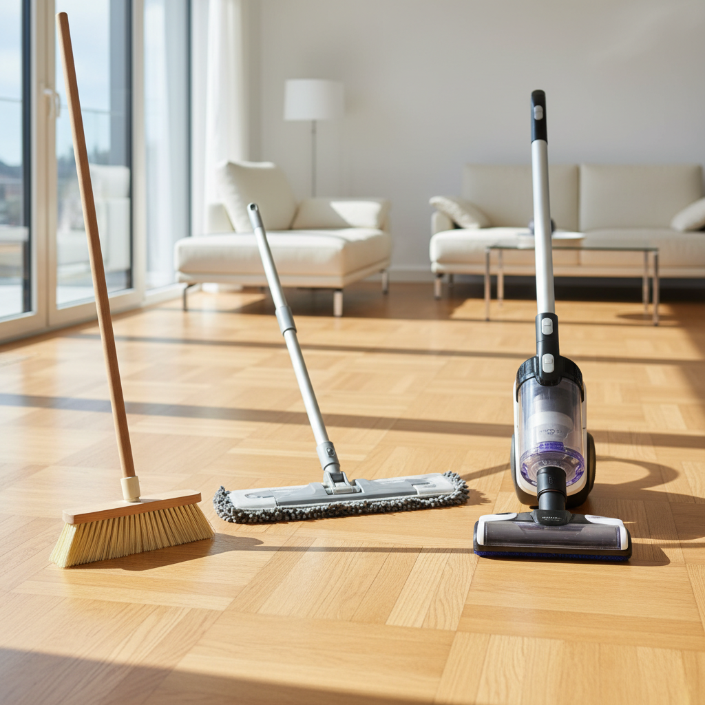 A brightly lit, modern living room scene featuring a pristine, warm-toned parquet floor. In the foreground, neatly arranged on the floor, are essential daily cleaning tools: a soft-bristled broom with synthetic bristles, an antistatic dust mop, and a sleek vacuum cleaner with a distinct soft-brush parquet nozzle visible. Sunlight streams in from a window, highlighting the natural grain and polished surface of the wood, conveying warmth, elegance, and meticulous care. The overall style should be a professional, clean lifestyle photo, emphasizing the beauty and maintenance of the floor.
