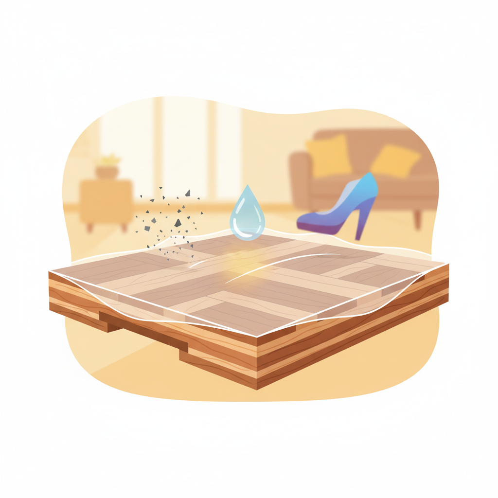 An illustrative scene depicting a cross-section of a parquet floor plank, subtly glowing with a protective aura. Above the plank, various elements that could cause damage are visually represented but kept at bay by this translucent protective layer: tiny abrasive dust particles, a single droplet of water, and a faint, abstract representation of mechanical impact (e.g., a blurred, descending foot or object). The protective layer should appear as an invisible shield. The background features a blurred, warm room environment. The style should be a clean, modern flat illustration with subtle gradients, emphasizing durability and prevention.