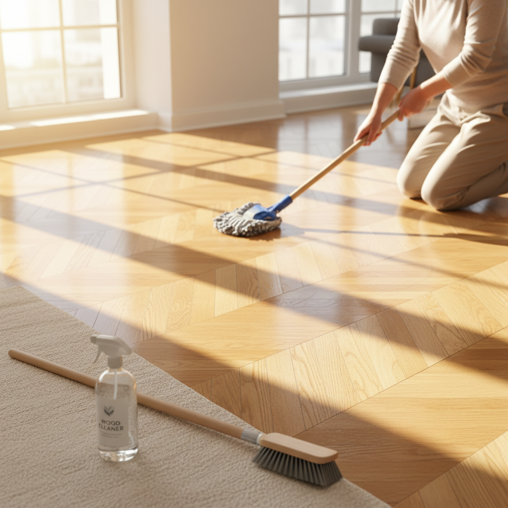 A modern, well-lit living room scene featuring a person gently cleaning a beautiful, gleaming parquet floor with a microfiber mop. Sunlight streams through a window, highlighting the wood's natural grain and lustrous finish. The floor appears spotless and radiant, reflecting the light. In the foreground, neatly arranged, are appropriate cleaning tools like a specialized wood cleaner spray bottle and a soft-bristle broom, all suggesting effective and gentle care. The overall aesthetic should convey cleanliness, ease, and the rewarding outcome of proper maintenance. Style: Professional, bright, and clean photographic illustration with a slightly soft focus.