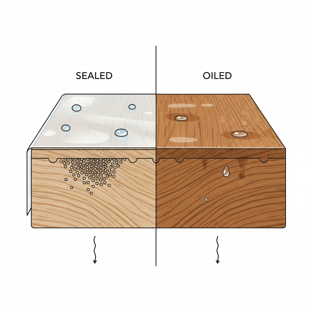 A clear, detailed cross-section infographic illustrating the fundamental difference between sealed and oiled parquet flooring. On the left side, a magnified view shows a wooden plank with a distinct, smooth top layer representing the 'sealed' finish, acting as a clear, impenetrable barrier against small water droplets and dust particles. On the right side, another plank shows an 'oiled' finish, where the oil has subtly penetrated the wood fibers, leaving the surface with a more natural, slightly textured look, with a few small water droplets appearing to interact directly with the top wood layer. Style: Clean, minimalist infographic style with precise lines and natural wood tones, emphasizing the protective layers.