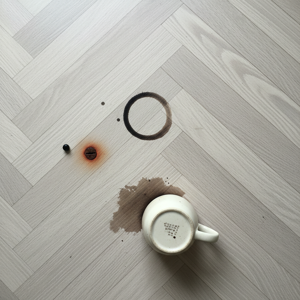 A close-up, high-angle professional photo of a light-colored parquet floor. Various distinct black stains are visible, each clearly illustrating a common cause. One prominent stain is a dark, ring-shaped mark from a previously spilled water glass. Another small, intense black spot sits beside a rusty metal screw. A third, more diffused dark smudge originates from a coffee cup's base. The image should clearly depict these different common causes of black stains on wood, emphasizing the damage against the clean wood texture.