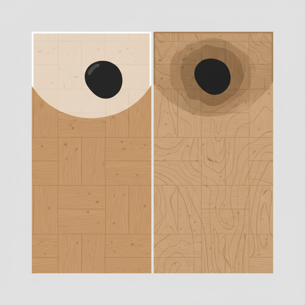 A clean, conceptual flat illustration depicting a side-by-side comparison of two types of parquet flooring. On the left, a section of 'sealed' parquet shows a smooth, slightly glossy top layer, with a black stain appearing superficial and contained on the surface. On the right, a section of 'oiled' parquet reveals visible wood grain and a deeper, more absorbed black stain, indicating it has penetrated further into the wood fibers. The illustration highlights the distinct protective layer on the sealed part versus the porous nature of the oiled wood.