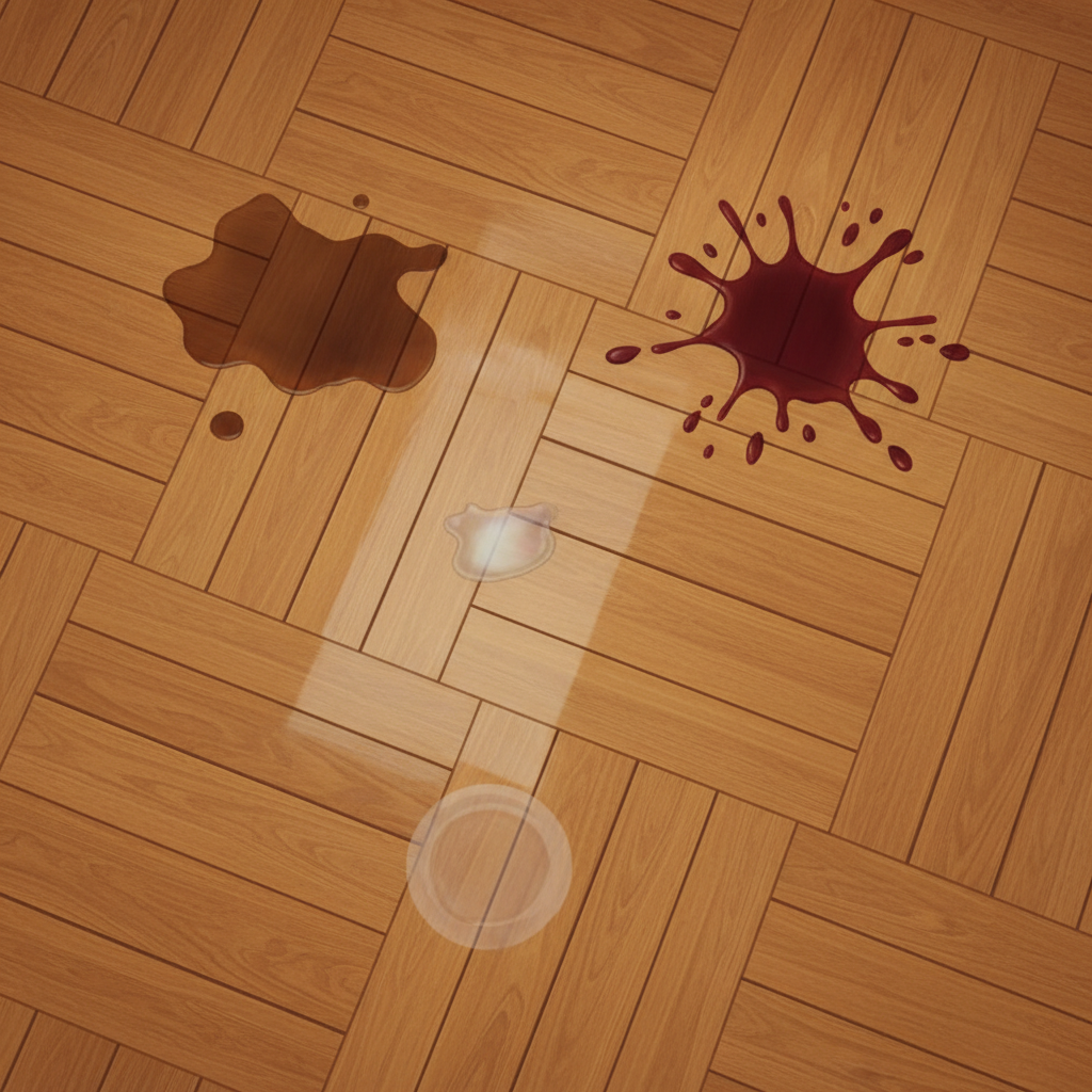 A slightly angled, close-up view of a beautifully maintained parquet floor, showcasing various common stain types. Visible stains include a distinct dark coffee spill, a vivid red wine splash, a small, subtle grease smudge, and a faint, circular water mark. The wood grain of the parquet is clearly visible and polished, providing a clean yet challenged surface. The focus is on illustrating the diversity of common blemishes encountered on a wooden floor, highlighting the problem without appearing overly messy or damaged. The overall impression is one of neatness with specific problem areas in a realistic digital illustration style.