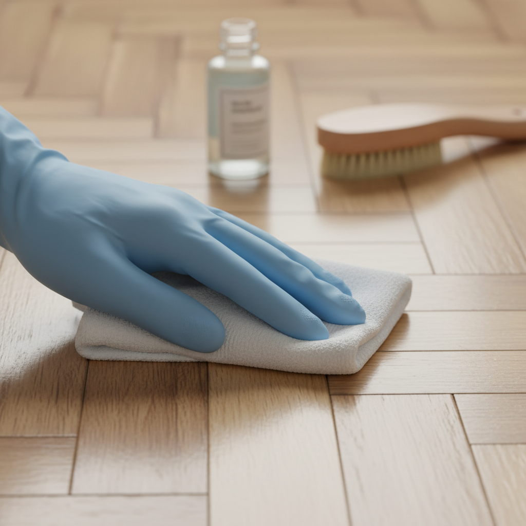 A close-up, professional photo capturing a hand, wearing a protective glove, carefully dabbing a small, inconspicuous corner of a polished parquet floor with a slightly damp, soft microfiber cloth. The focus is on the testing process, ensuring the cleaning method is safe for the wood. In the background, gently blurred, are essential parquet cleaning items: a small, mild cleaning solution bottle and a soft-bristled brush. The image emphasizes gentle care, meticulous preparation, and the importance of testing cleaning products on delicate wooden surfaces.