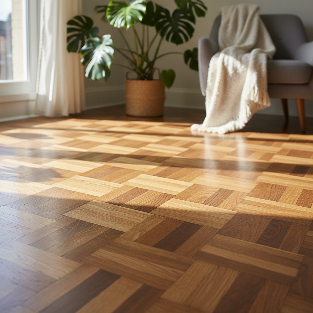 A professional, bright photo of a luxurious, well-maintained parquet floor in a modern living space. Sunlight bathes the wooden surface, emphasizing its warm tones, natural grain, and a subtle, healthy sheen. The floor appears pristine and inviting, reflecting comfort and elegance. In the background, out of focus, a plant and soft furnishings hint at a cozy home environment. The image conveys the long-lasting beauty achieved through proper care, showcasing the floor in its optimal, gleaming state.