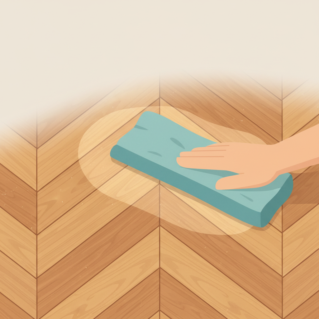 A clean, modern flat illustration depicting a close-up view of a parquet floor section during maintenance. A stylized hand, reaching from the side, gently guides a soft, wide dust mop or a cleaning cloth across the wooden planks. The area where the mop has passed shows a slightly enhanced glow or a subtle streak of cleanliness, visually differentiating it from the uncleaned part. The color palette is warm and inviting, using natural wood tones and soft greens or blues for the cleaning tool, highlighting the gentle and effective care process.
