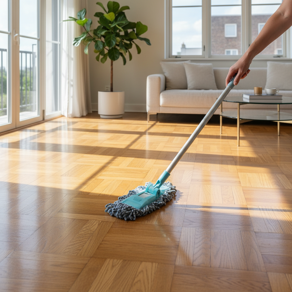 A bright, inviting professional photo showcasing a beautifully cleaned, gleaming parquet floor in a modern living room setting. Sunlight streams through a window, highlighting the smooth, reflective surface of the wood. A person's hand, holding a slightly damp, soft microfiber mop, gently glides across a small section of the floor, implying easy and quick maintenance. The overall scene exudes cleanliness, warmth, and the elegance of a well-maintained wooden floor, emphasizing the natural shine and texture of the parquet.