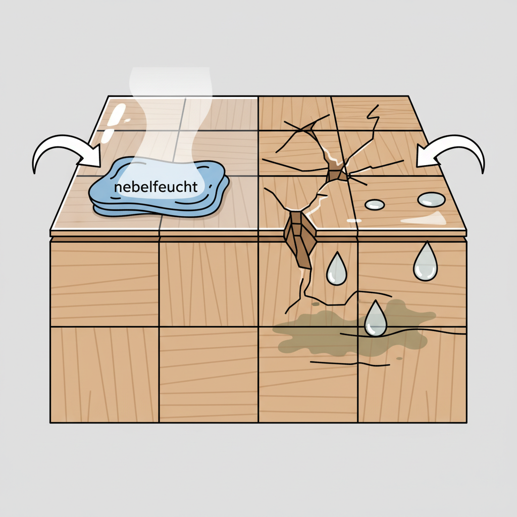 A detailed flat illustration depicting a cross-section of a parquet floor plank. On one side, show a healthy, intact sealing layer protecting the wood, with a fine mist or 'nebelfeucht' (damp but not wet) cloth gently wiping the surface. On the other side, illustrate the negative effect of excessive moisture: water droplets visibly seeping into the wood grains and seams, causing slight swelling or subtle discoloration beneath the damaged or compromised sealing layer. Use a clean, educational infographic style with clear distinctions between the 'correct' and 'incorrect' moisture application.