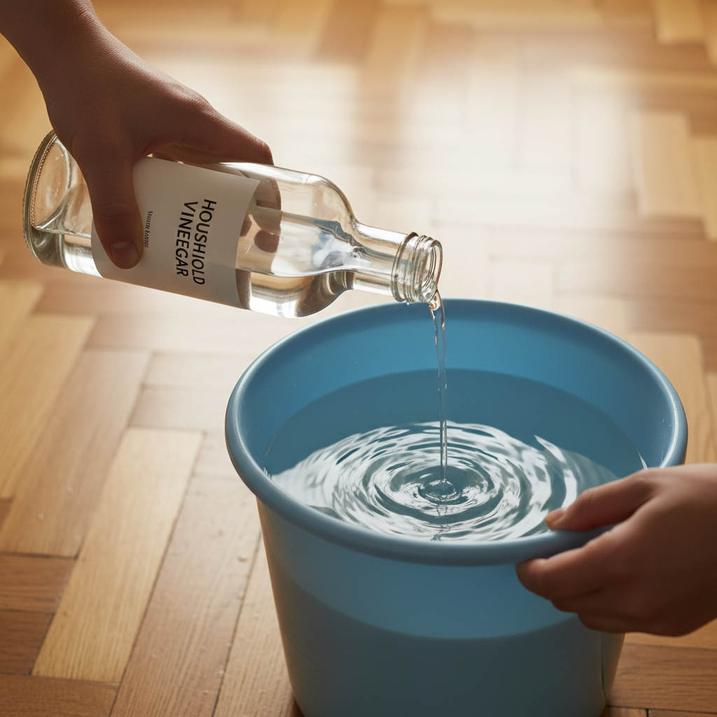 A vibrant, professional close-up photo capturing hands carefully pouring a measured amount of household vinegar from a clear bottle into a bucket already containing water. The liquids are shown mixing gently, creating subtle ripples. In the blurred background, a section of a beautifully cleaned parquet floor gleams under soft, natural light, reflecting a warm, inviting glow. The image emphasizes the careful preparation of a natural cleaning solution and highlights the pristine, well-maintained surface of the wooden floor, conveying effectiveness and natural care.
