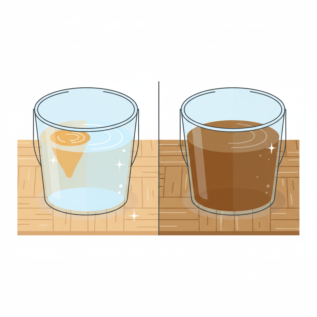 A clear, modern flat illustration demonstrating the correct and incorrect dilution of vinegar for parquet cleaning. On one side, a stylized transparent bucket shows a small amount of amber liquid (vinegar) perfectly mixed with a much larger volume of clear liquid (water), representing a balanced ratio. Beside it, a section of a sparkling, well-maintained parquet floor is depicted with a bright sheen. On the other side, a similar bucket shows a disproportionately large amount of amber liquid mixed with less water, signifying an overly concentrated solution. Beside this, a dull or slightly textured parquet floor section is shown, hinting at potential damage or lack of shine. The illustration uses distinct color palettes to differentiate between the positive and negative outcomes.