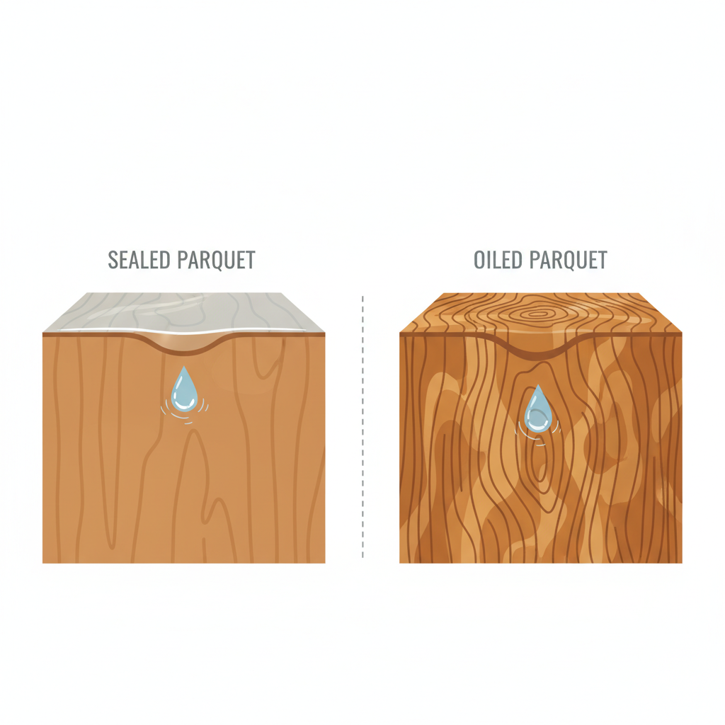 An infographic-style illustration depicting a clear comparison between two types of parquet. On the left, a cross-section of 'sealed' parquet shows a distinct, transparent protective layer coating the wood surface, with a tiny, smooth barrier repelling a water droplet. On the right, a cross-section of 'oiled' parquet reveals natural oil penetrating deep into the wood fibers, emphasizing the texture and breathability of the wood itself. The two sections are visually distinct yet harmoniously placed on a clean background, using a flat illustration style with earthy tones for the wood.