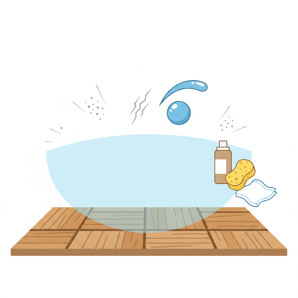 A clean, conceptual flat illustration depicting the various elements of parquet floor protection. In the foreground, a stylized wooden parquet floor segment. Above it, an invisible, transparent shield or protective layer is subtly illustrated, symbolizing the barrier formed by care products. Around this, abstract, illustrative elements represent common threats: tiny, abrasive dust particles, a subtle, light scratch mark, and a small, bouncing water droplet, all being repelled or prevented from reaching the wood surface by the shield. Nearby, simple, generic icons representing care products (e.g., a bottle, a sponge, a polishing cloth) are arranged neatly. The color palette should be inviting and clean, using natural wood tones and complementary soft colors.