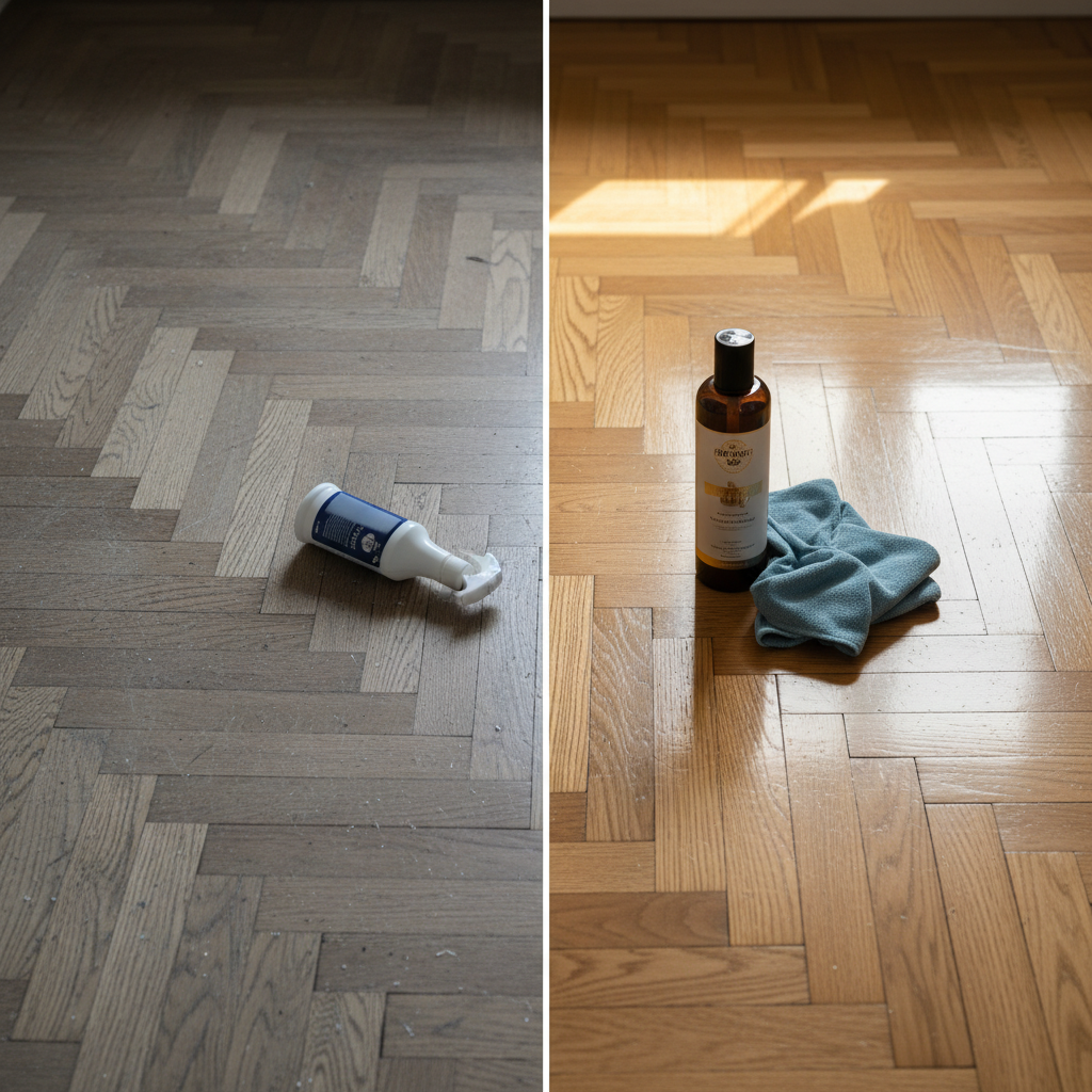 A split-scene professional photo showcasing a parquet floor. On the left side, a section of the wooden floor appears dull and slightly grimy, with a generic, non-specific cleaning product bottle (e.g., a basic spray bottle) partially visible nearby, suggesting inadequacy. On the right side, the same parquet section is brilliantly clean, radiant, and reflects light beautifully, appearing 'like new.' A sleek, elegant bottle of specialized parquet cleaner is positioned next to this pristine section, with a soft, clean microfiber cloth nearby. Bright, natural lighting emphasizes the contrast in shine and cleanliness.