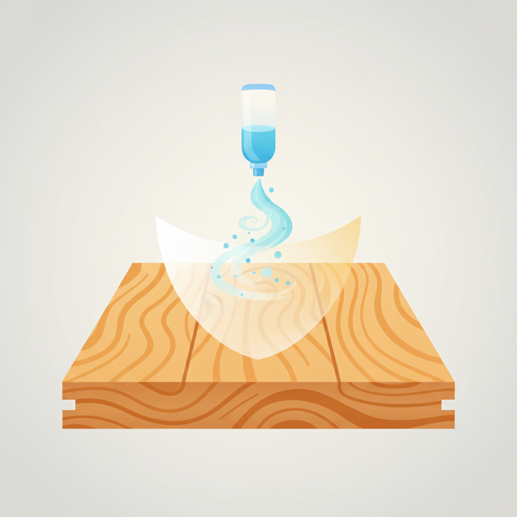 A minimalist, flat illustration with subtle gradients, depicting a conceptual cross-section of a parquet floor plank. The visible wood grain is warm and inviting. Above this, a gentle, almost glowing 'shield' or protective layer is visible, representing the wood's finish (sealed, oiled, or waxed). A stylized bottle of specialized parquet cleaner is shown gently interacting with this protective layer, perhaps with soft, small, swirling particles lifting away from the surface, symbolizing dirt removal without damage. The overall impression is one of gentle, effective cleaning that preserves and enhances the wood's natural beauty and protective coating.