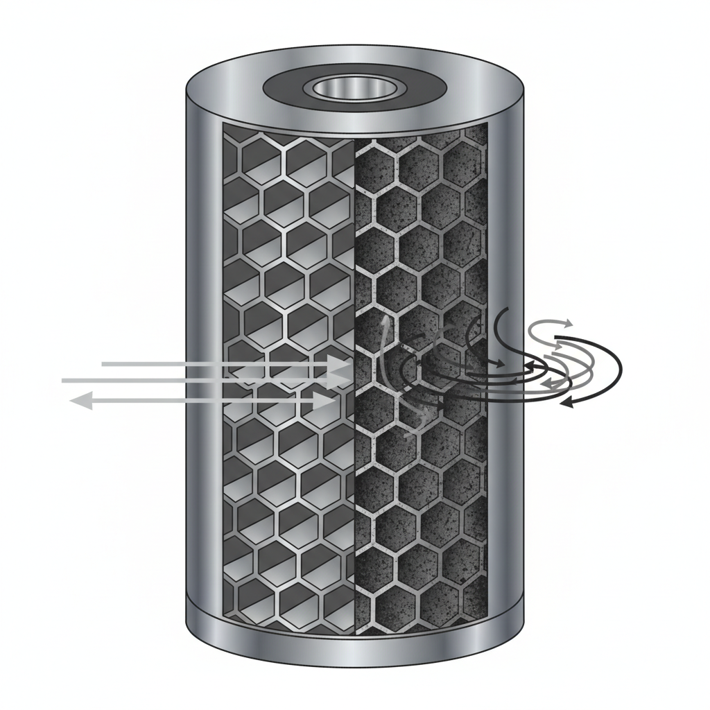 A detailed, cutaway technical illustration of a diesel particulate filter (DPF). The image should clearly show the filter's internal honeycomb or channel structure. One half of the filter appears clean and unobstructed, with smooth exhaust gas flow indicated by subtle, light gray arrows. The other half shows dark, granular soot and ash particles visibly accumulating within the channels, partially blocking the pathways. Darker, more turbulent gray arrows indicate restricted exhaust gas movement through the clogged section. The overall style should be precise and informative, using metallic grays for the casing and internal structure, contrasting with rich, textured black for the accumulated soot and ash.