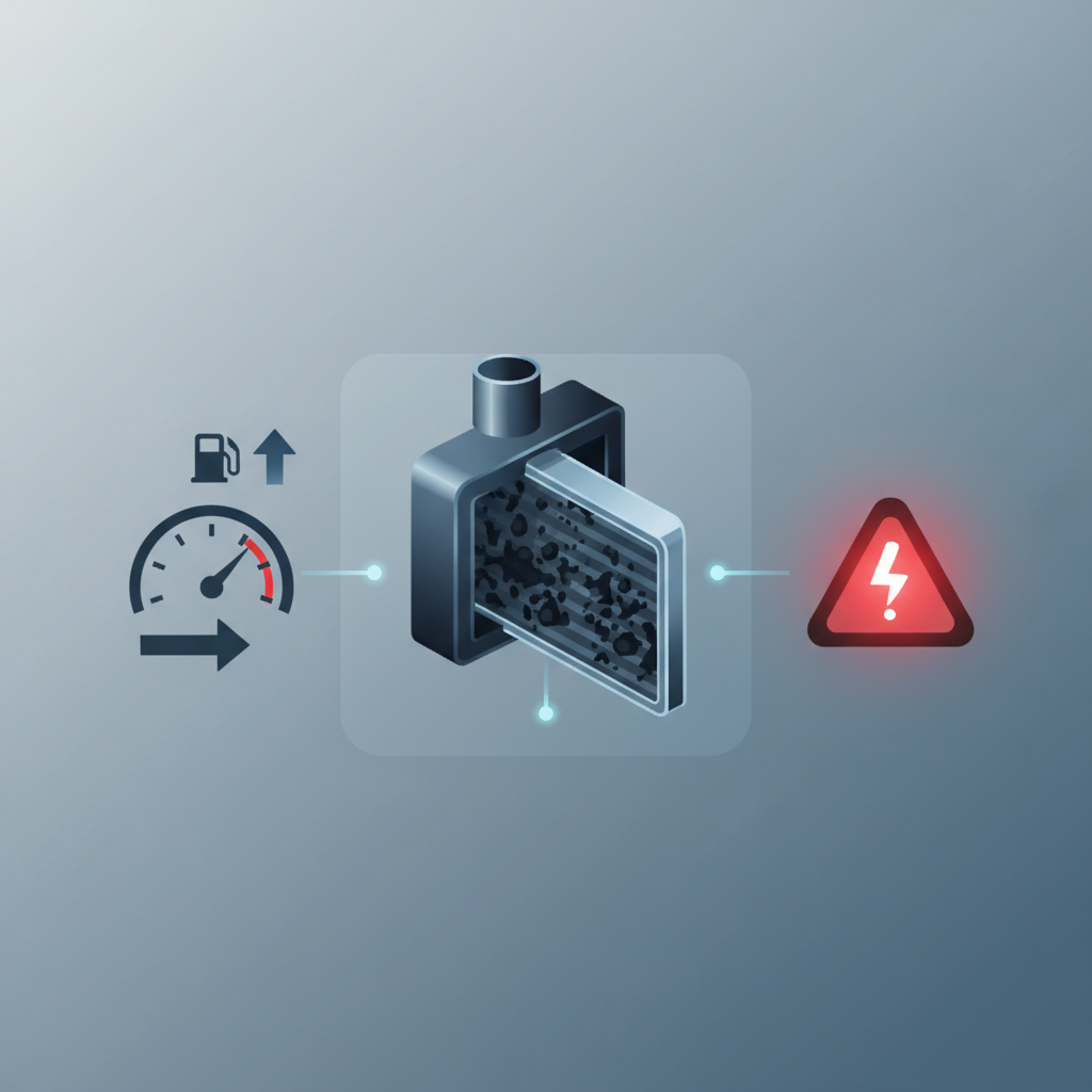 An infographic-style illustration depicting the negative consequences of a clogged diesel particulate filter (DPF) on a car. The central element is a stylized, somewhat obstructed DPF unit, perhaps with dark particulate matter visible. Emanating from this central unit are three distinct visual representations of problems: a speedometer needle pointing clearly to a lower speed or power, a fuel pump icon with an upward-pointing arrow suggesting increased fuel consumption, and a generic, glowing warning light symbol commonly found on a car dashboard. The aesthetic should be clean, modern, and easy to understand, using a limited color palette of grays, blues, and a touch of warning red.
