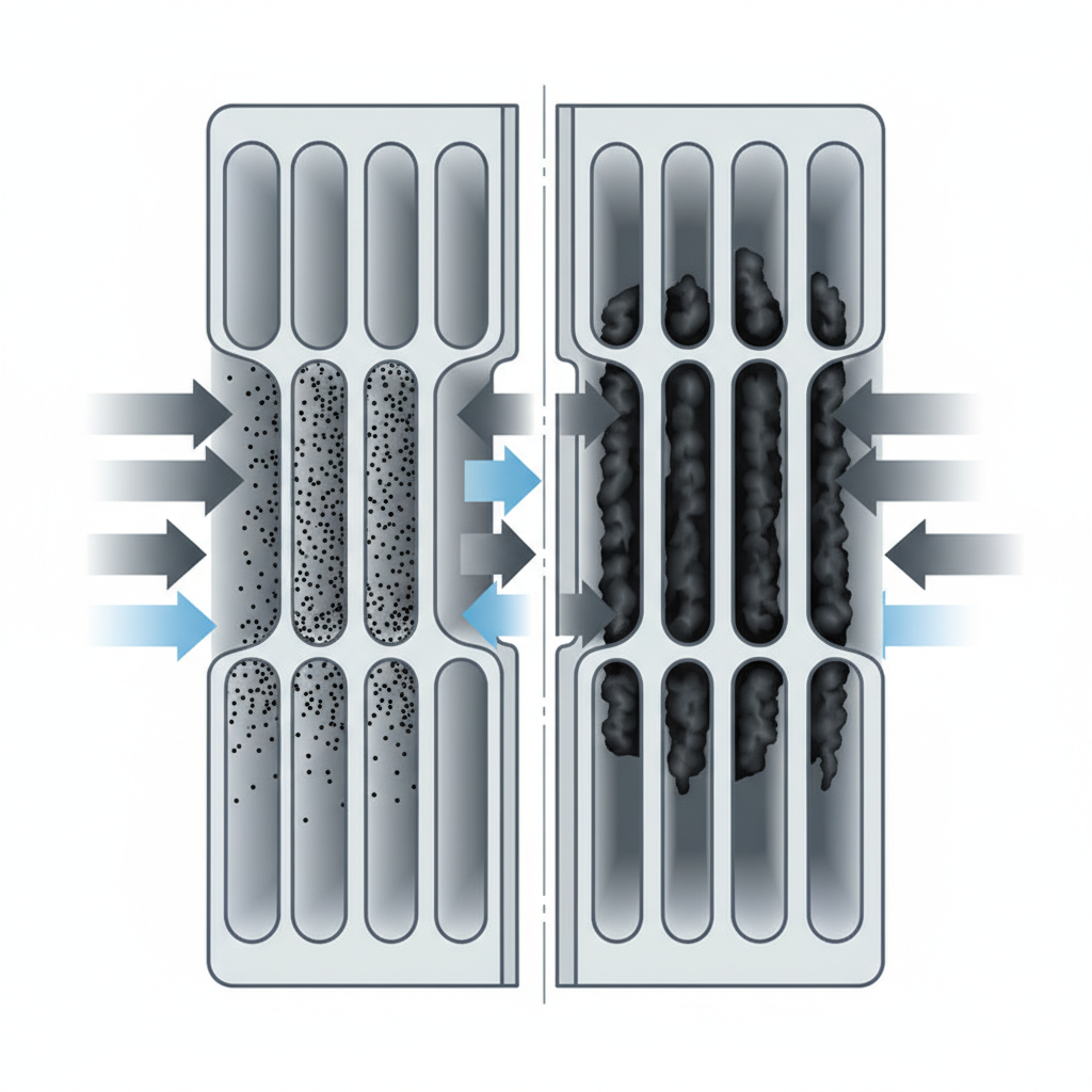 A detailed cutaway technical illustration of a particulate filter's internal mechanism. The image should be split vertically. On one side, show a clean filter with exhaust gases entering, soot particles being captured, and clean, purified air exiting. Use light blue arrows for clean air and dark gray for exhaust with tiny black dots for soot. On the other side, depict the same filter heavily clogged with accumulated black soot, severely restricting the gas flow, indicated by compressed, dark gray exhaust gas and almost no clean air exiting. The style should be clear, professional, and diagrammatic.
