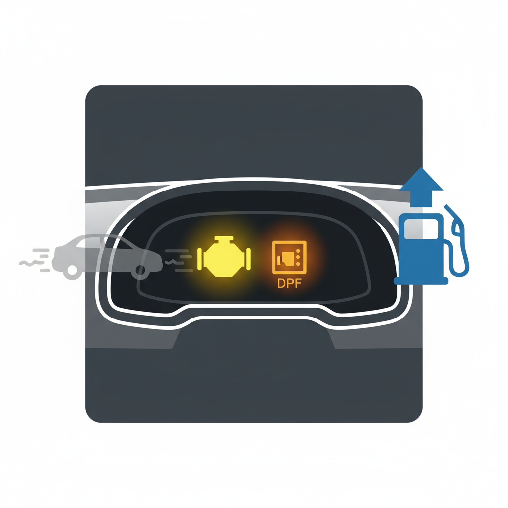 A modern, minimalist digital illustration depicting a car's dashboard. The focus should be on the illuminated engine control light and the diesel particulate filter (DPF) warning light. Around the dashboard, subtle, abstract visual cues convey common symptoms of a clogged filter: a faint, stylized car outline suggesting sluggish movement or struggling, and a gas pump icon with an upward arrow to signify increased fuel consumption. The overall aesthetic should be clean, informative, and visually striking, suitable for a blog article.
