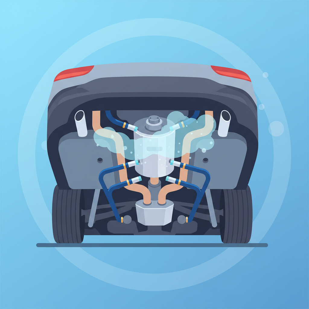 A professional flat illustration depicting the underside of a modern diesel vehicle, with a clear focus on the exhaust system and the diesel particulate filter (DPF) component. The DPF is centrally located. Stylized hoses or nozzles are subtly positioned around the DPF, emitting a gentle, non-aggressive cleaning vapor or liquid, visually representing an 'on-vehicle' cleaning process. The background is clean and minimalistic, allowing the vehicle's underside and the DPF treatment to be the main focus, conveying efficiency and technical expertise.