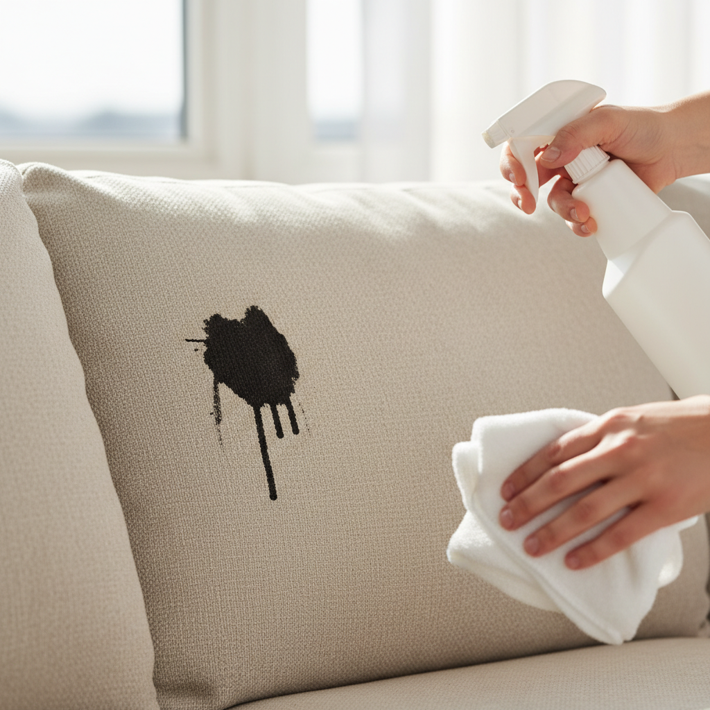 A close-up, eye-level professional photo capturing a permanent marker stain on a light beige fabric couch cushion. The dark, vivid mark stands out against the clean upholstery. In the background, slightly out of focus, a person's hands are reaching for an unbranded, generic cleaning spray bottle and a clean white microfibre cloth, ready for immediate action. The lighting is bright and natural, emphasizing the texture of the fabric and the unfortunate permanence of the stain.