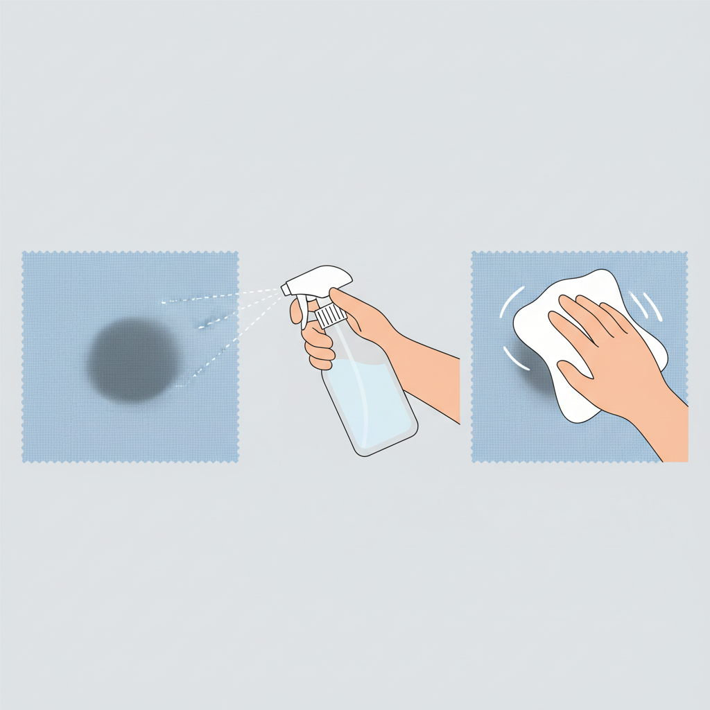 An clean, flat illustration depicting a step-by-step cleaning process on a light blue fabric swatch. On the left, a distinct permanent marker stain is visible. In the middle, a hand is applying a clear, unbranded cleaning liquid from a generic spray bottle onto the stain. On the right, a different hand gently dabs the stain with a white cloth, moving from the outer edge inwards, showing the stain visibly lightening or diminishing with each circular motion. The background is a clean, minimalist surface.