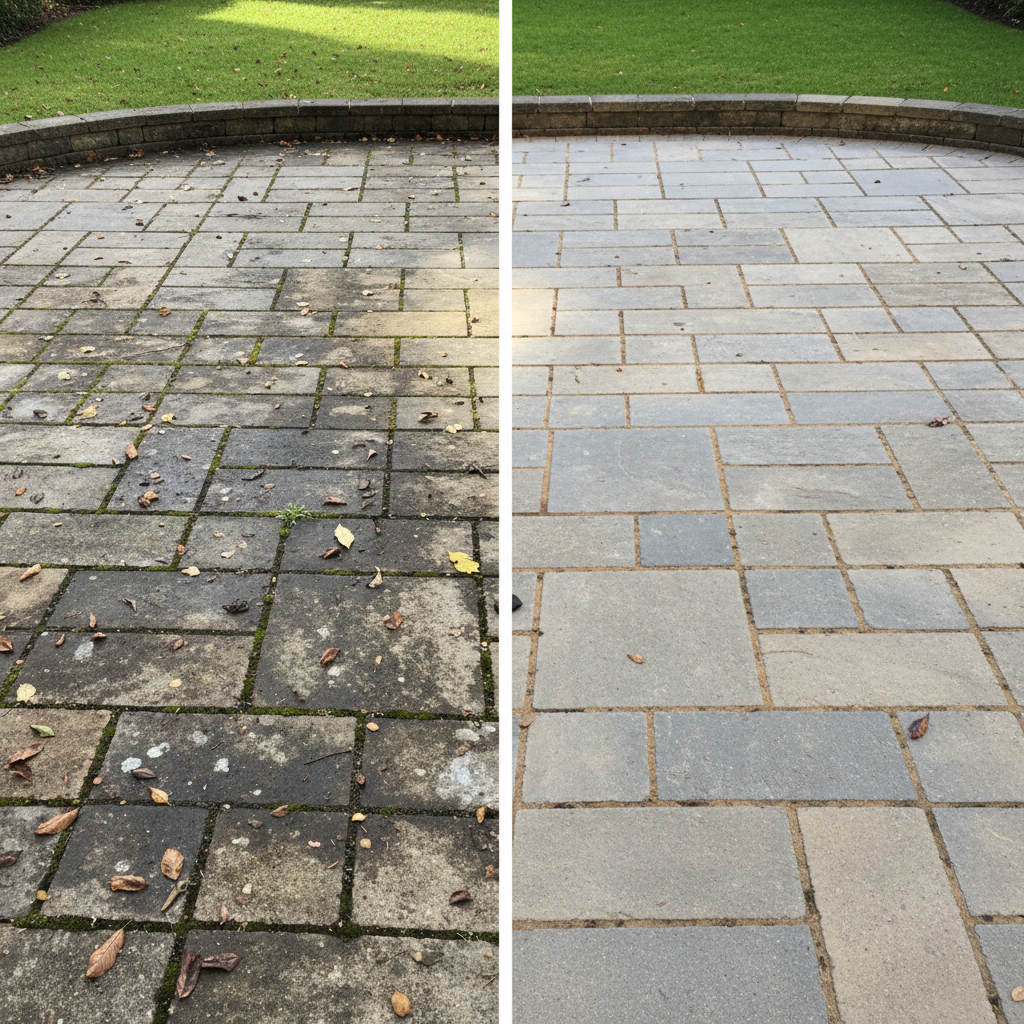 A professional, high-resolution photo showcasing a 'before and after' comparison of a paved outdoor area. The left side depicts a neglected section of patio or pathway, heavily discolored with dark stains, green moss creeping between the stones, and scattered leaves. The right side shows the identical area impeccably clean, with bright, vibrant paving stones, clearly defined grout lines, and a fresh, well-maintained appearance, highlighting the dramatic transformation achieved by cleaning. The image should convey a sense of revitalized outdoor space.