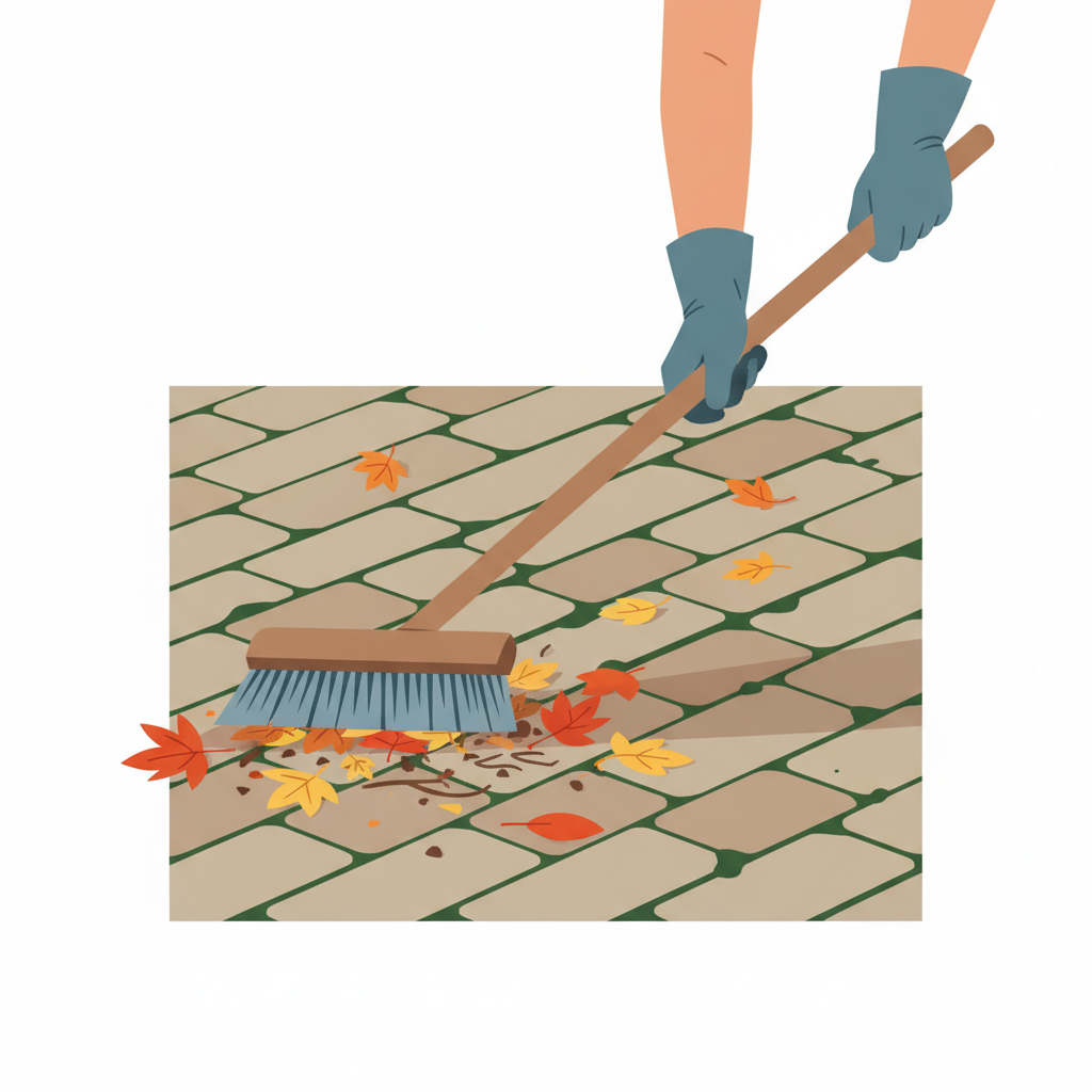 A vibrant, modern flat illustration depicting the initial preparation stage of paving stone cleaning. The scene shows a pair of hands, possibly gloved, actively sweeping a paved pathway with a long-handled stiff broom. The ground around the broom is covered with common loose debris like colorful autumn leaves, small twigs, and scattered patches of light green moss growing in the stone crevices. The paving stones are a neutral tone, and the overall mood is active and practical, emphasizing the first step of clearing coarse dirt.