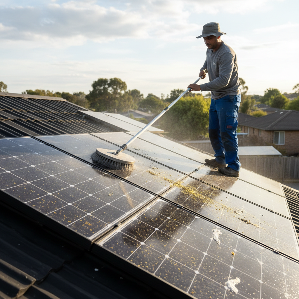 A professional photo captures a person safely cleaning solar panels on a residential rooftop. The individual uses a long telescopic pole with a soft-bristled brush to gently scrub a section of dark photovoltaic panels. Visible on the panels is a stark contrast between a sparkling clean area and an adjacent section still covered in a dull layer of dust, pollen, and subtle streaks of bird droppings. The scene emphasizes effective maintenance, with sunlight reflecting off the clean surface, suggesting improved energy absorption. The cleaner wears practical, casual attire suitable for outdoor work, focusing on the task.