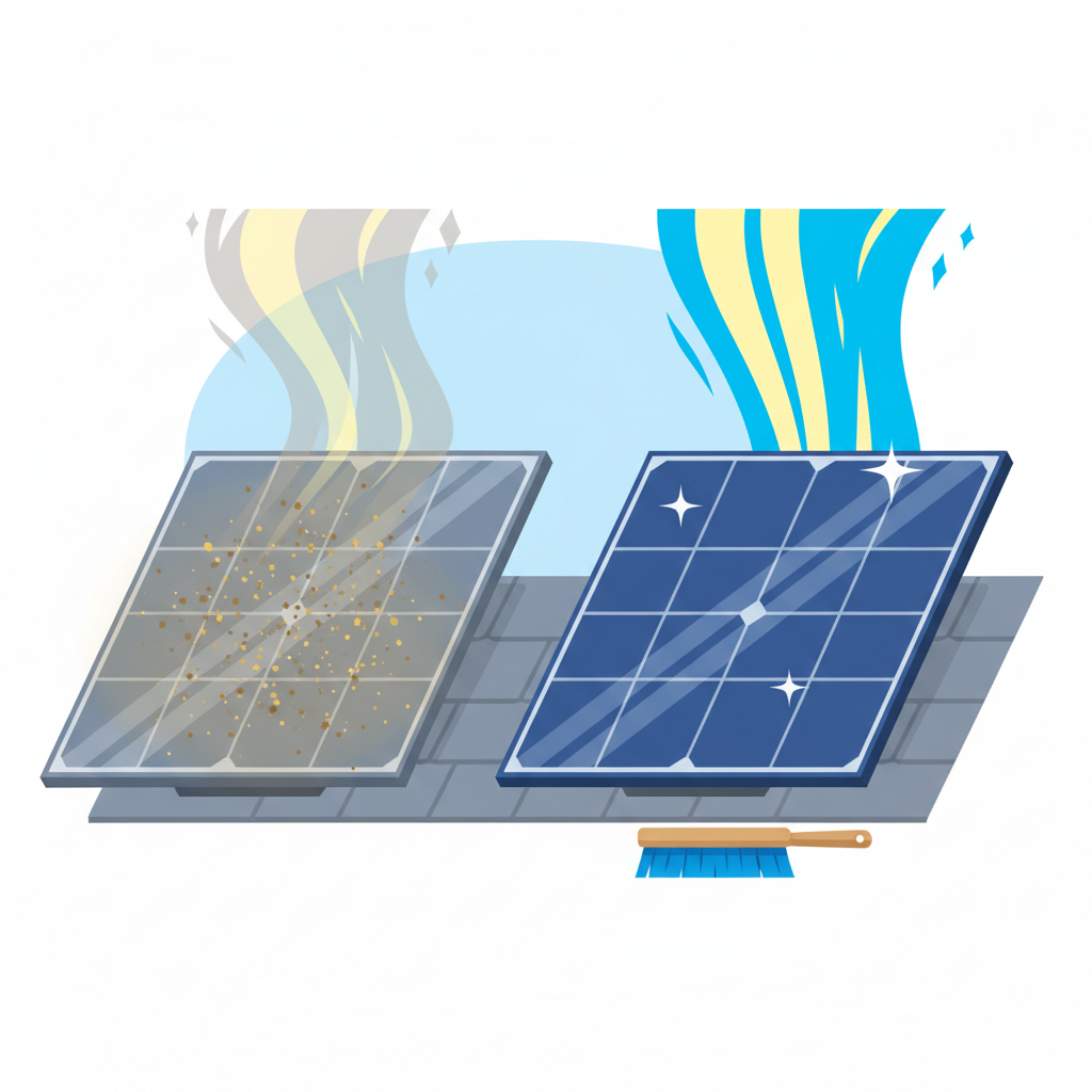 A modern flat illustration contrasting two adjacent photovoltaic solar panels. The panel on the left is dull and covered in a realistic layer of dust, pollen, and subtle dirt, visually obstructing its surface. A weaker, abstract light stream or energy flow icon emanates from it, symbolizing reduced efficiency. The panel on the right is pristine, reflecting sunlight brightly and appearing sparkling clean. A strong, vibrant abstract light stream or energy flow icon emanates from this clean panel, representing optimal performance. The background subtly hints at a rooftop setting, with a generic cleaning brush head near the clean panel, emphasizing the benefit of maintenance.