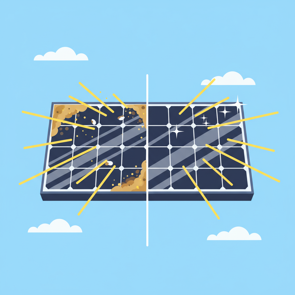 A clean, modern flat illustration contrasting a dirty and a clean photovoltaic solar panel. On one side, a panel is heavily obscured by visible layers of dust, pollen, and bird droppings, with sunlight rays depicted as mostly blocked or scattered before reaching the panel surface. On the other side, an identical panel is sparkling clean and reflective, with bright, unobstructed sunlight rays directly entering its surface, indicating optimal energy absorption. The background is a clear, sunny sky.