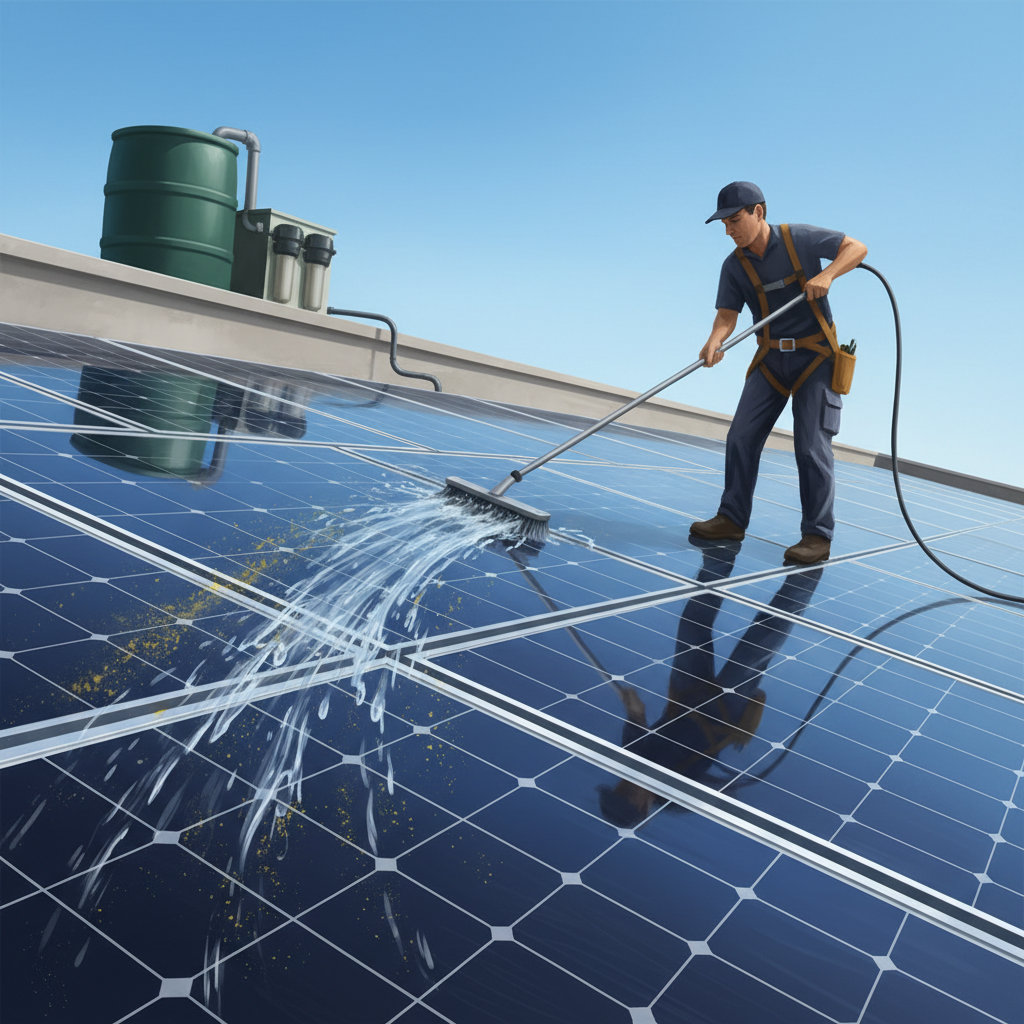 A semi-realistic digital painting depicting a person, from a safe distance or angle, cleaning rooftop photovoltaic solar panels. A stream of clear, pure rainwater is shown rinsing away visible dirt, dust, and pollen from the dark, reflective panels. In the background, subtly integrated, a rainwater collection barrel or system could be hinted at, supplying the cleaning water. The overall scene conveys efficiency, environmental consciousness, and the panels sparkling under a bright, clear sky.
