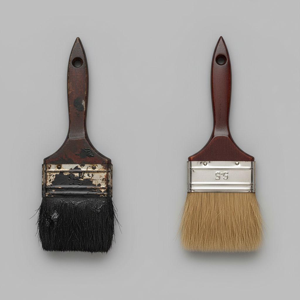 A split image or side-by-side comparison featuring two paint brushes on a neutral, professional background. On the left, a heavily used brush with bristles caked and stiffened by dried, dark, non-water-soluble paint, appearing neglected and unusable. On the right, an identical brush, immaculately clean with perfectly fanned, soft, and flexible bristles, looking pristine and ready for painting. The contrast should clearly highlight the negative impact of improper care versus the benefit of thorough cleaning. Professional studio photography style with clear focus and lighting.