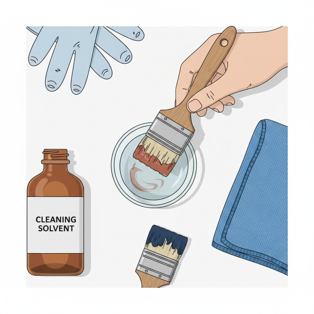 A detailed flat lay illustration showcasing the process of cleaning paint brushes after using non-water-soluble paint. The central focus is a hand holding a paint brush, dipping its bristles into a small, sturdy glass or metal container filled with a clear cleaning solvent. Arranged neatly around this action are a solvent bottle (generic label, no discernible brand names or text), a soft cleaning cloth or rag, and a small, used paint brush with visible paint residue. The illustration uses a modern, clean, and bright aesthetic with a limited color palette, emphasizing clarity and practicality.