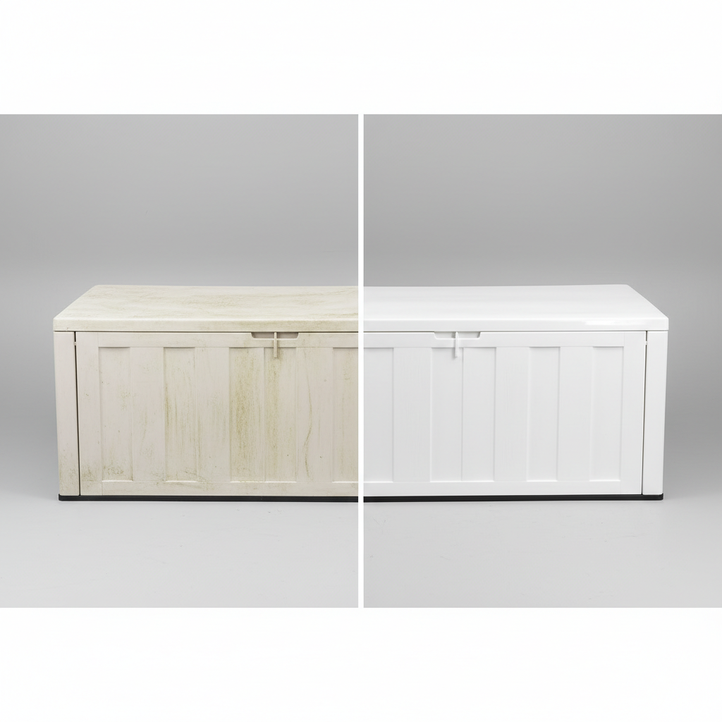 A professional, bright studio photograph featuring a split-screen or 'before & after' composition. On the left, a dull, visibly soiled, and slightly yellowed white plastic garden chair or storage box. The surface shows grime and lack of shine. On the right, the exact same object appears pristine, sparkling clean, vibrant white, and looking brand new. The background is simple and clean, emphasizing the dramatic transformation through effective cleaning. The image highlights the aesthetic improvement and importance of maintenance.
