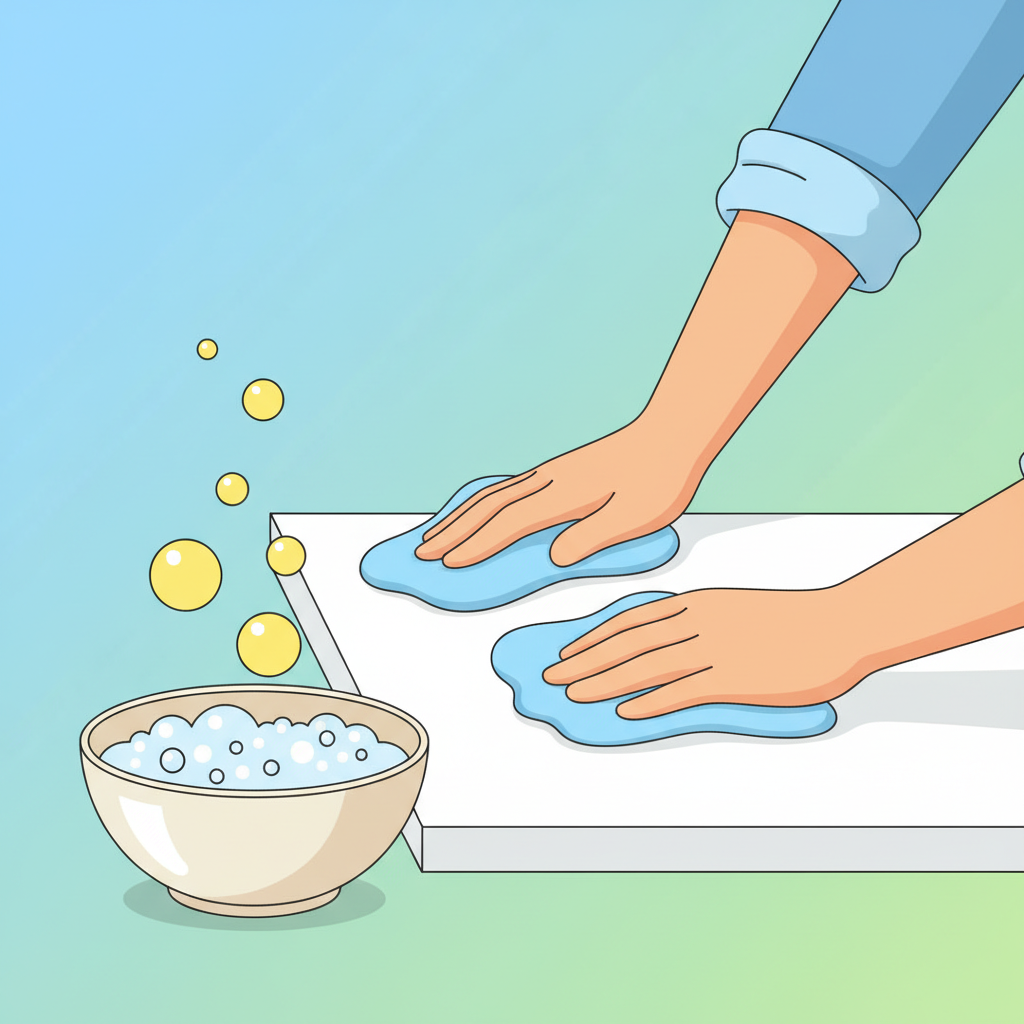 A vibrant, clean flat illustration depicting the gentle cleaning of a plastic surface. A pair of hands, with sleeves rolled up, carefully uses a soft, light blue microfiber cloth to wipe a section of a white plastic countertop or appliance casing. A bowl of foamy, soapy water is positioned to the side, with gentle bubbles rising. The overall scene conveys a sense of carefulness and effectiveness, highlighting the use of mild cleaning methods for various plastic items. Bright, modern color palette.