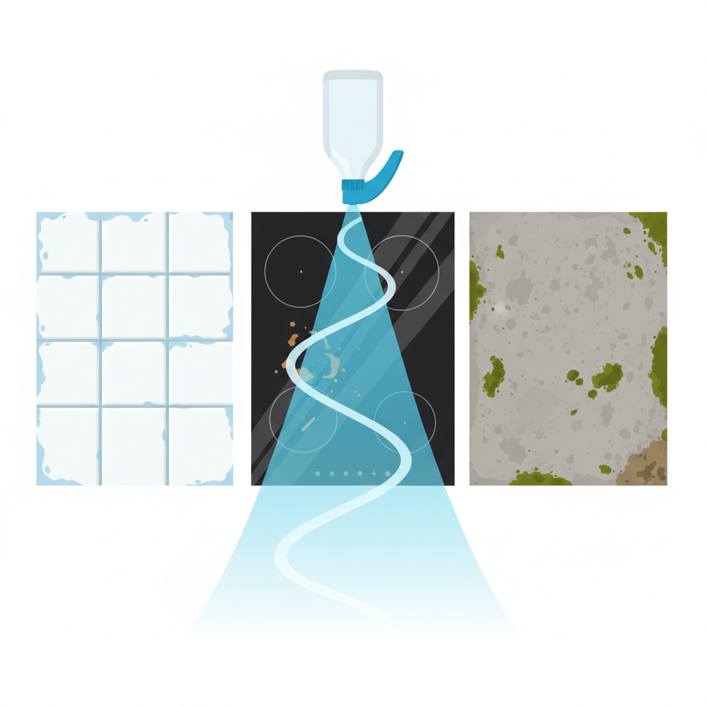 A vibrant, clean flat illustration depicting various common 'plate' surfaces side-by-side: a ceramic kitchen tile with some limescale, a dark induction cooktop with faint burnt food residue, and a section of a grey patio slab with mossy patches. From the top, a generic, sleek spray bottle (no brand or text) emits a symbolic cleaning spray or energy downwards. The left side of each surface shows the dirt clearly, while the right side appears sparkling clean and pristine, illustrating the 'before and after' effect of an effective cleaner. The overall composition should be dynamic and emphasize effortless cleaning.