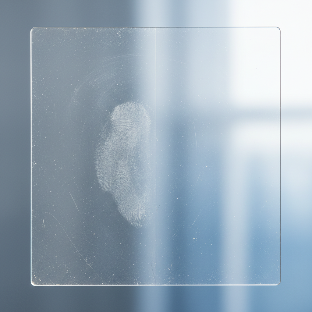 A close-up, split-screen professional product photograph showcasing a rectangular sheet of clear plexiglas. The left half of the plexiglas is visibly smudged with fingerprints and coated with a thin layer of fine dust, exhibiting a dull, slightly hazy appearance with a few subtle hairline scratches. The right half, in stark contrast, is immaculately clean, sparkling brightly with perfect transparency, allowing a crisp view of a softly blurred background. The lighting highlights the dramatic difference in clarity and surface texture, symbolizing an effective 'before and after' cleaning.