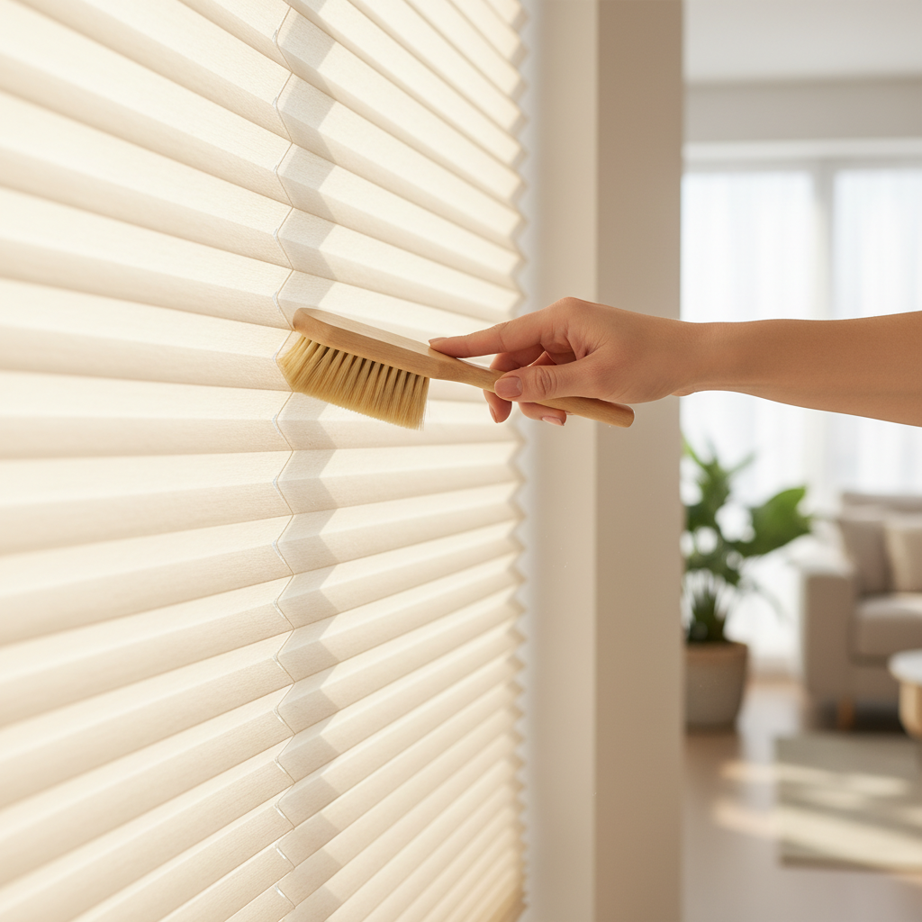 A modern professional photo showing a close-up of a hand gently cleaning a pleated blind (Plissee) that is still hanging at a window. The hand uses a soft-bristled brush or a small vacuum cleaner attachment to carefully remove dust and light dirt from the fabric pleats. Soft, natural sunlight streams into the room, highlighting the clean, refreshed appearance of the blind. The scene emphasizes ease, efficiency, and the convenience of cleaning without removal, with a bright, clean aesthetic.