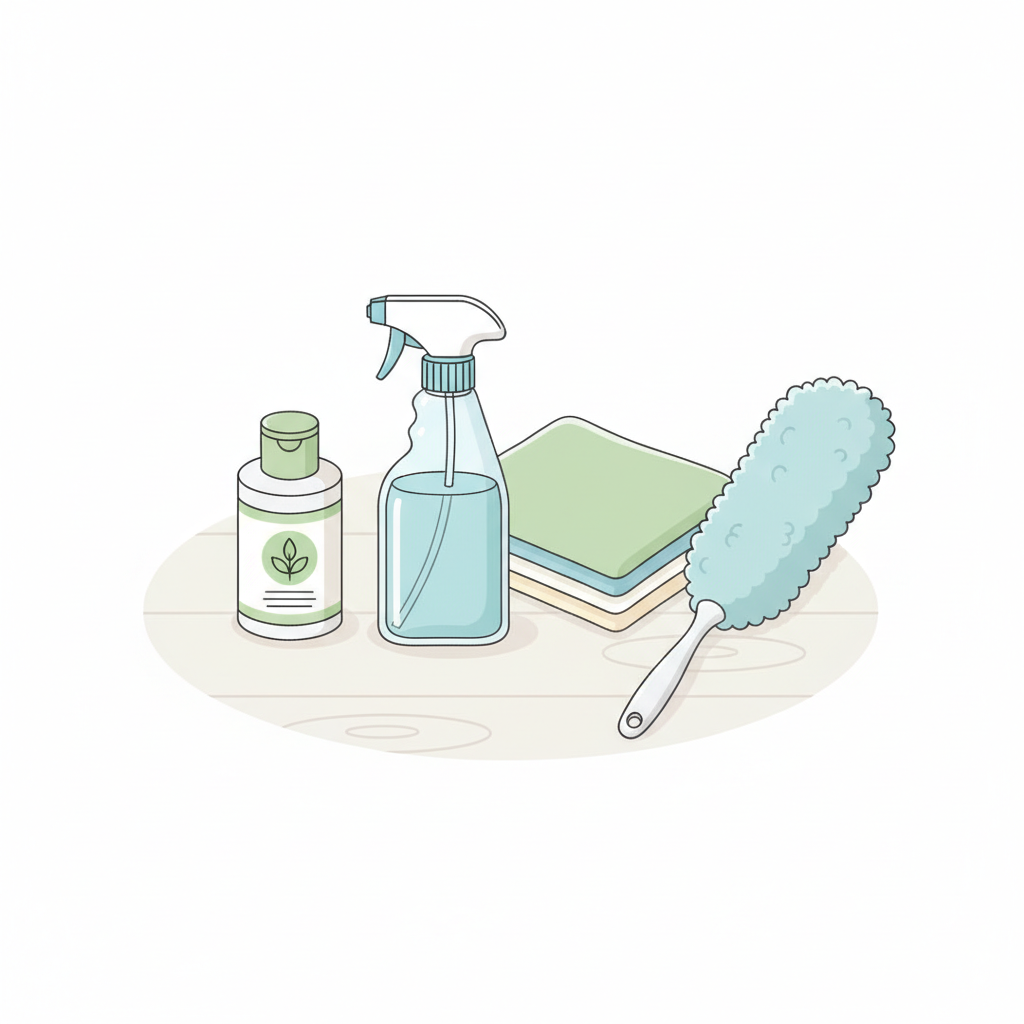 A vibrant, flat illustration depicting an organized collection of cleaning supplies specifically for pleated blinds. Clearly visible are a spray bottle, several soft microfiber cloths, a small bottle of mild, pH-neutral detergent, and a soft duster or brush. The items are neatly arranged on a light, uncluttered surface, suggesting preparedness and simplicity. The color palette is fresh and clean, conveying an instructional and helpful tone, focusing purely on the essential tools.