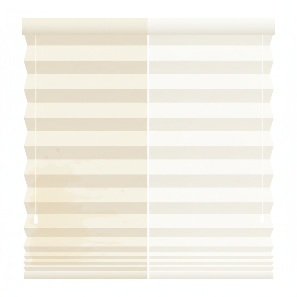 A split-view conceptual illustration showcasing the transformation of a pleated blind. On the left side, a section of a light-colored pleated blind appears dull, with subtle visual cues of dust trapped in the folds and slight discoloration, hinting at accumulated grime. On the right side, the exact same section of the pleated blind is depicted as pristine, vibrant, and brightly reflecting light, with perfectly crisp, clean folds. A subtle, clean dividing line separates the 'before' and 'after' states. The overall aesthetic is bright and airy, focusing on the material's texture. Style: modern flat illustration with a clean aesthetic.