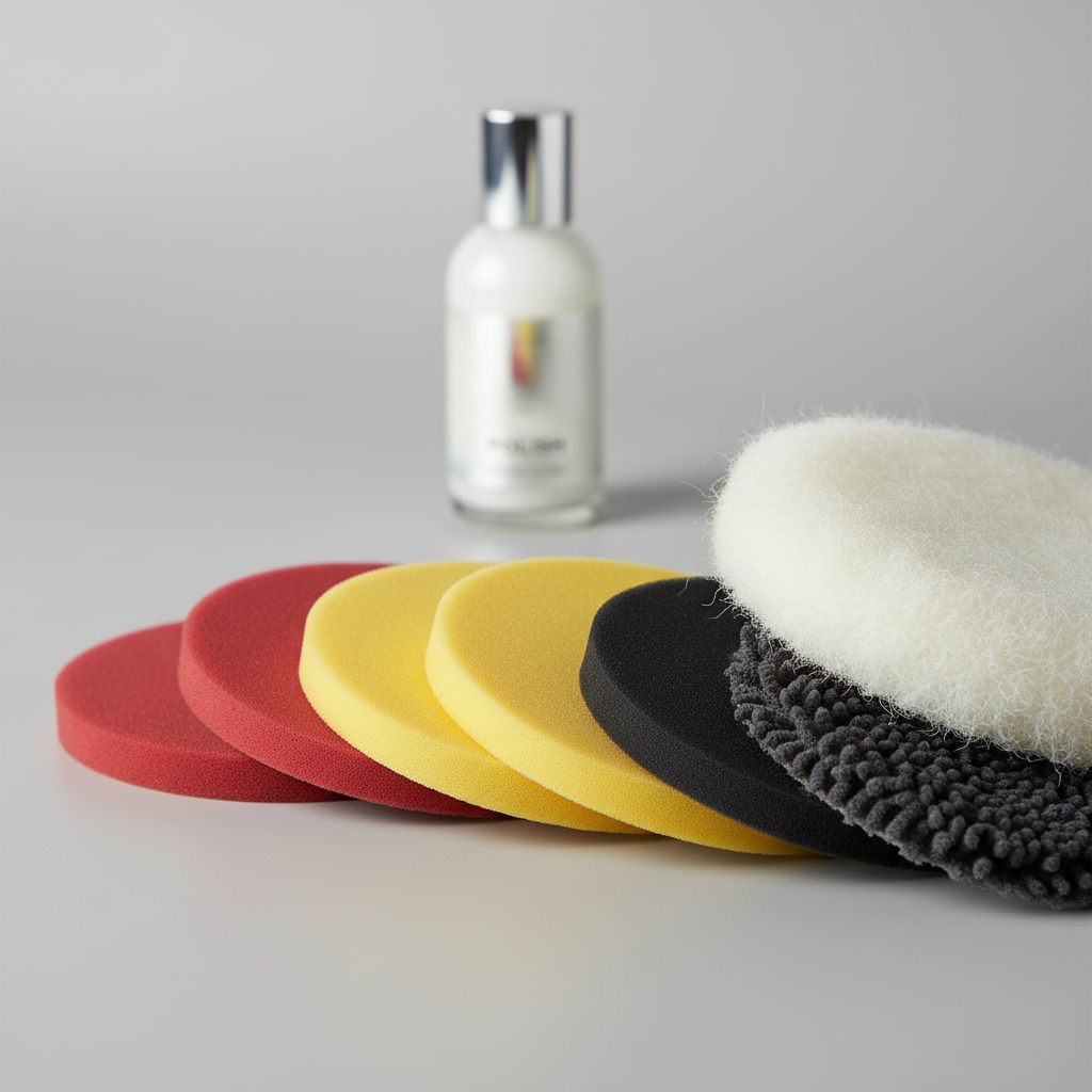 A clean, professional studio shot showcasing a diverse collection of polishing pads. In the foreground, an assortment of foam pads in varying colors (e.g., red, yellow, black) to indicate different hardness levels are neatly fanned out. Alongside them, a fluffy white wool pad and a textured microfiber pad are clearly visible. A small, sleek bottle of polishing compound stands subtly in the background, out of focus. The arrangement should emphasize the variety of materials and textures, set on a smooth, light grey surface under soft, even lighting to highlight their intricate details.