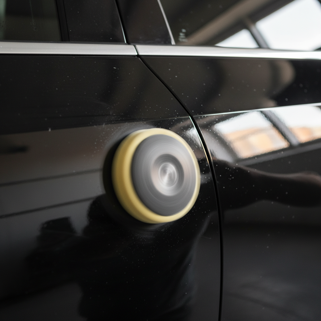 A dynamic, close-up professional photograph illustrating the polishing process on a sleek, dark surface, likely a car panel or high-gloss furniture. A foam polishing pad, attached to a rotary polisher, is actively working on the surface. One side of the frame shows a dull, slightly scuffed or hazy section of the surface, while the other side, where the pad has passed, gleams with a perfectly polished, mirror-like finish reflecting ambient light. The pad should have a subtle motion blur, conveying action and transformation, with a shallow depth of field to keep the focus on the surface improvement.